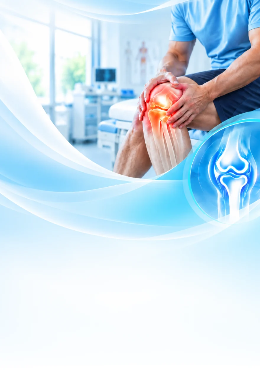 Patient holding a painful knee, with an illustration of the knee joint