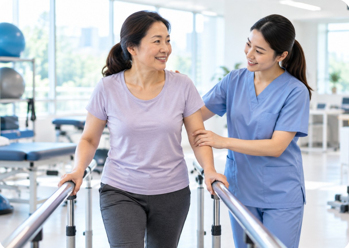 Physiotherapist supporting a patient during walking rehabilitation